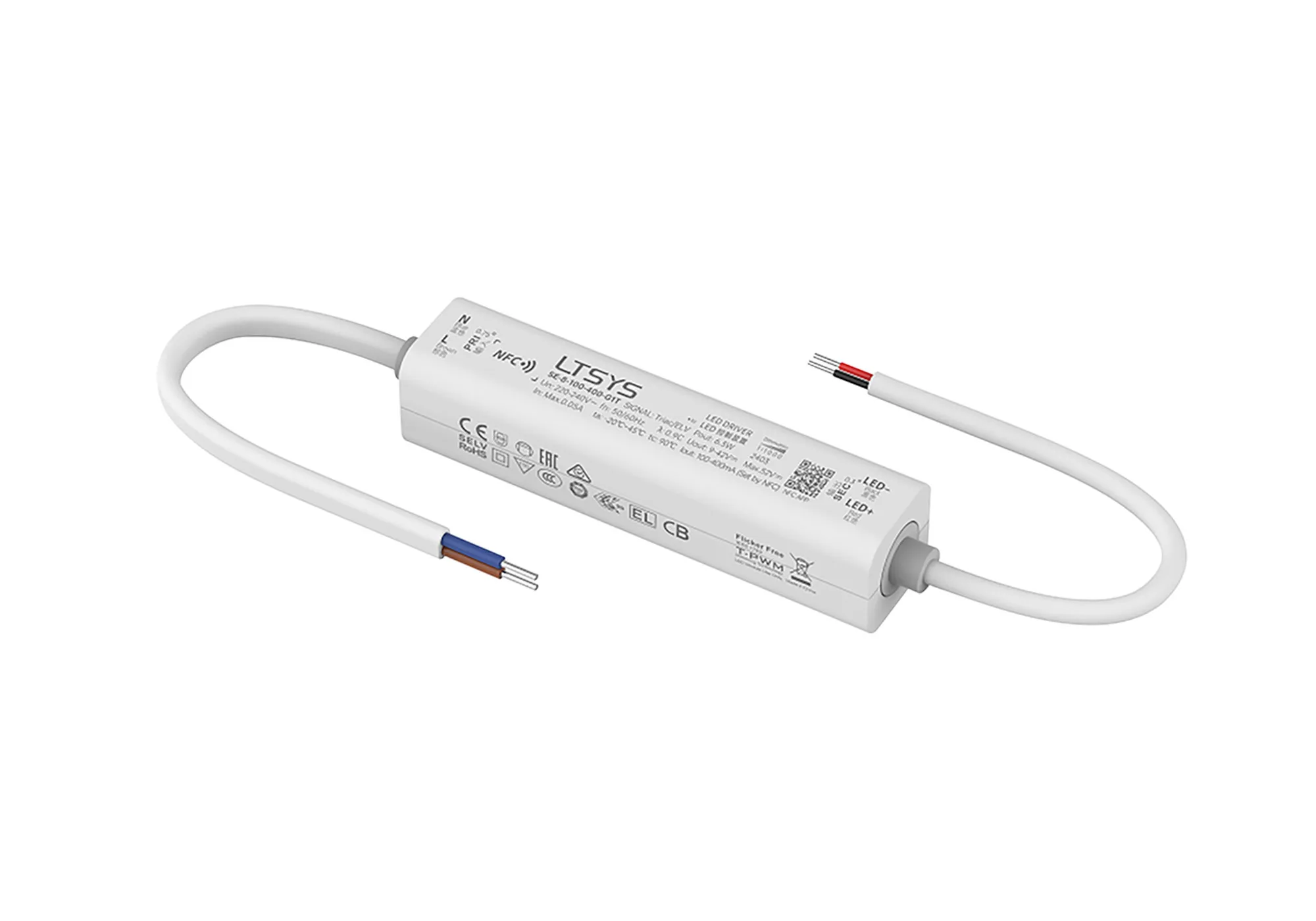 Triac/ELV, 8W C.Current NFC Dimmable Driver,100-400mA  DC:9-42Vdc, EFF>70%, IP50, 5yrs Warranty.